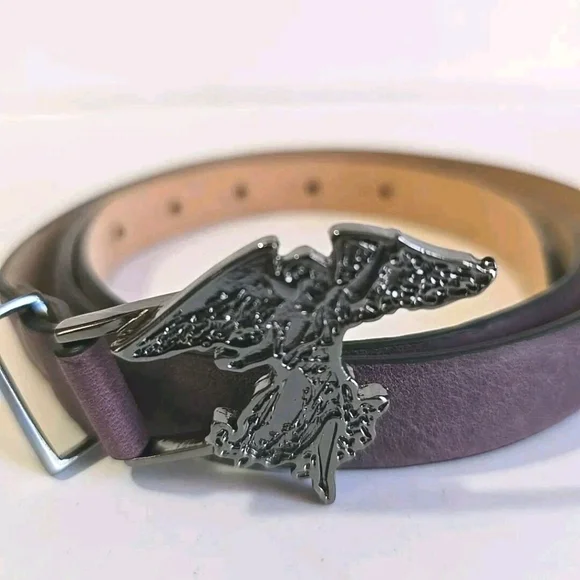 John Fluevog Ladies Leather Belt Purple Angel Buckle Size 36 - Picture 2 of 9
